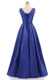 Simple Royal Blue A-line Satin Floor Length Formal Prom Dress OKV47
