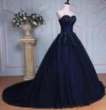 Navy Blue Ball Gown Court Train Sweetheart Strapless Appliques Prom Dresses OK625