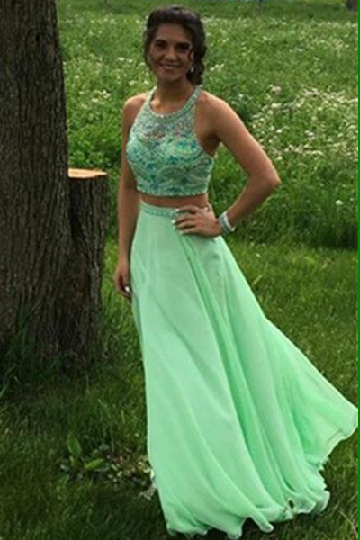 Green Chiffon Beaded Two Pieces Backless A-line Prom Dress K676
