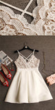 A-Line V-Neck Criss-Cross Straps Short Ivory Homecoming Dresses with Lace Top OK324