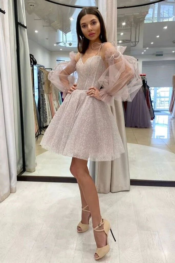 Cute Sweetheart Neck Tulle Long Sleeves Short Prom Dress Sequin Cocktail Dress OK1625