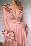 3D Flowers Long Sleeve Pink Prom Dress Pearl Beaded V Neck Formal Dress OKI42