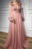 3D Flowers Long Sleeve Pink Prom Dress Pearl Beaded V Neck Formal Dress OKI42