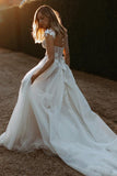A Line Off the Shoulder Tulle Beach Wedding Dress with Appliques N119