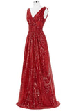 Red Sparkly V-neck Long A-line Backless Cheap Plus Size Prom Dress K742