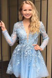 A Line Lace Appliqued Short Blue Homecoming Dresses with Long Sleeves OKO29