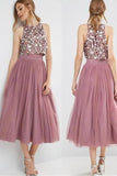 Jewel Neck Tea Length Dusty Rose A Line Homecoming Dresses OKO24