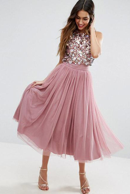 Jewel Neck Tea Length Dusty Rose A Line Homecoming Dresses OKO24