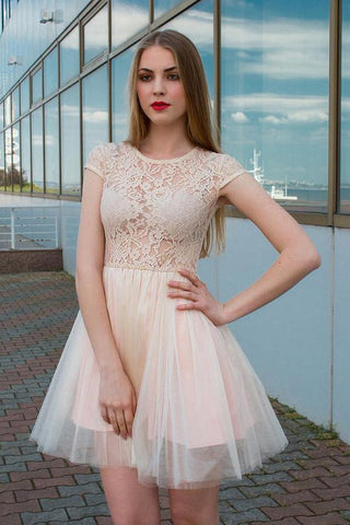 Jewel Neck Lace Top Tulle Cap Sleeves Homecoming Dresses OKN38