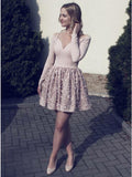 A-line Nude Long Sleeve Short Homecoming Party Dresses with Flowers OKO57