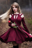 A Line Long Sleeves Short Burgundy Homecoming Dresses OKN39