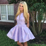 A-Line Above-Knee Lilac Satin Printed Homecoming Dresses with Pockets OKM15