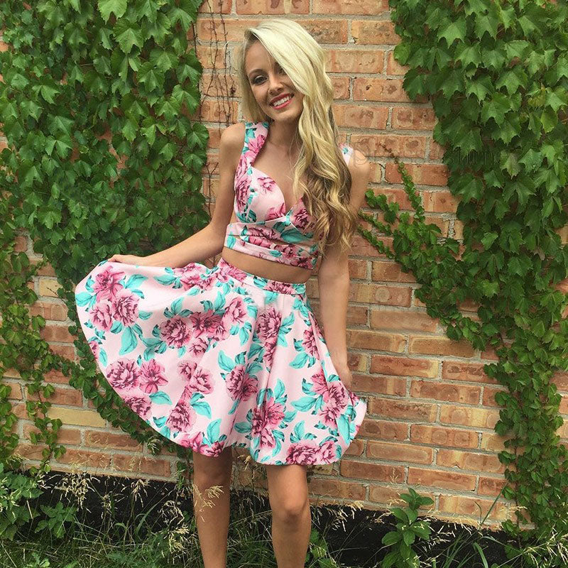 Two Piece Straps Floral Printed Cute Homecoming Dresses OKM21