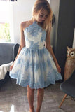 Halter A Line Lace Appliques Short Sky Blue Homecoming Dresses OKO26