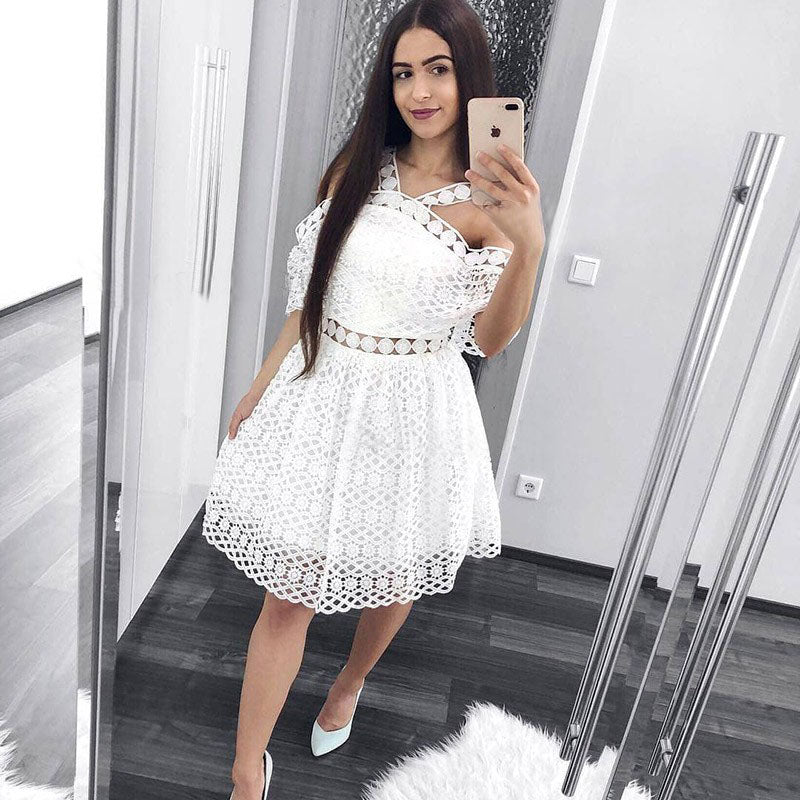 Cute A-Line White Lace Homecoming Dresses,Short Prom Dresses OKM6