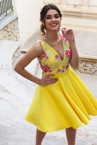 V Neck Backless Floral Embroidery Daffodil Homecoming Dresses OKN36