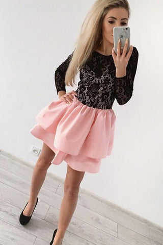 A Line Jewel Long Sleeves Pink Short Homecoming Dress with Black Lace OKD20