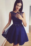 Royal Blue Beaded A Line Tulle Short Homecoming Dress with Lace Appliques OKD30