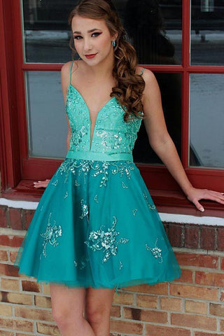 A Line Spaghetti Straps Appliques Homecoming Dresses OKN37