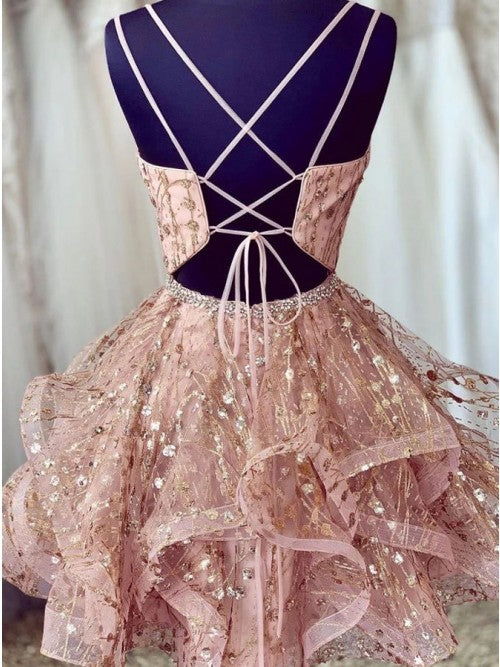 Chic Deep V-neck Pink Tiered Homecoming Dresses with Beading Appliques OKO38