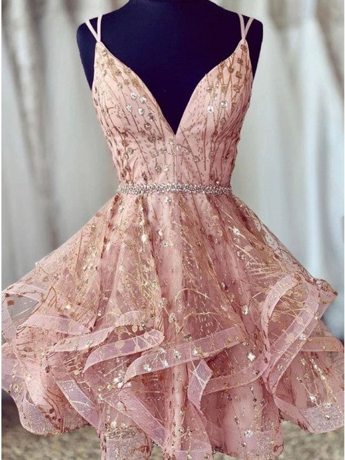 Chic Deep V-neck Pink Tiered Homecoming Dresses with Beading Appliques OKO38
