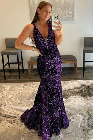 Charming Mermaid Deep V Neck Purple Sequins Long Prom Dress N122