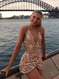 Sexy Sparkly Gold Spaghetti Strap V-neck Mermaid Short Homecoming Party Dress OK1658