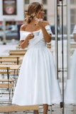 Elegant Off Shoulder Sleeveless Tea-Length A Line Satin Wedding Dress OK1420