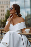 Elegant Off Shoulder Sleeveless Tea-Length A Line Satin Wedding Dress OK1420