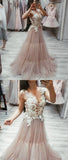 V Neck Tulle Lace Appliques Long Prom Dress, Cheap Tulle Evening Dress OKG21