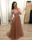 A Line V Neck Tulle Long Beaded Prom Dresses, Cheap Evening Gown OKH57