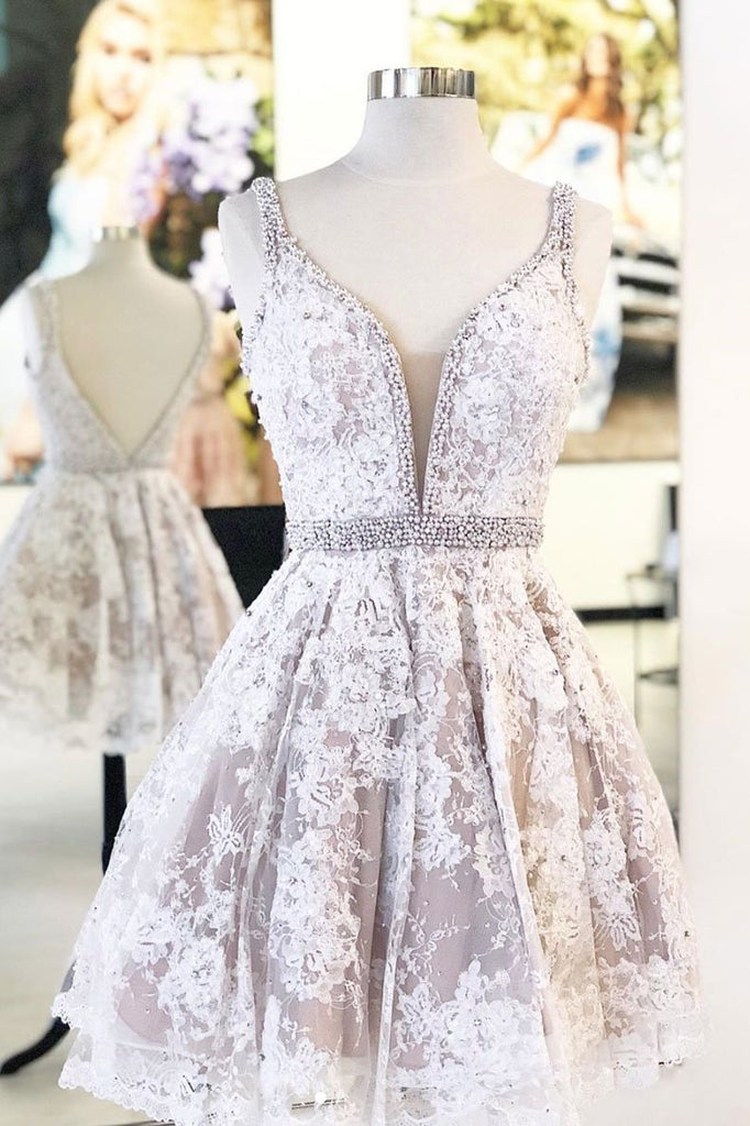 Cute V Neck Lace Short Prom Dresses Beaded A Line Homecoming Dress OKP40
