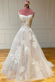 Stunning A Line Spaghetti Straps Tulle Lace Appliques Long Wedding Dress OK1163