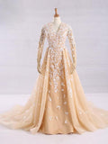 Pretty A-Line V-Neck Long Sleeves Tulle Appliques Floor Length Prom Dress OKG32