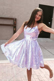 A-line Sparkle Short Prom Dress Spaghetti Straps Homecoming Dress OKZ99