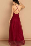 A-line V Neck Spaghetti Straps Long Chiffon Burgundy Prom Dress OKS89