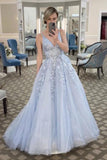 Stylish A-line V Neck Tulle Lace Appliques Long Prom Dress Formal Evening Dress OKZ90