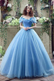 Princess Ball Gown Off Shoulder Blue Long Prom Dress,Quinceanera Dress OKG46