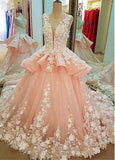Tulle Lace Scoop Neckline Ball Gown Wedding Dress With Lace Appliques,Quinceanera Dress OK619