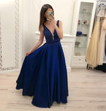 Royal Blue Beading A Line Satin Prom Dresses, Cheap Long Evening Dresses OKI17