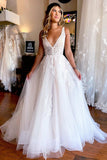Charming A Line V Neck Tulle Beach Wedding Dress with Appliques N105