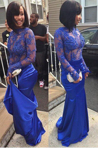 Mermaid Royal Blue Long Sleeves See Through Long Prom Dress OKH54