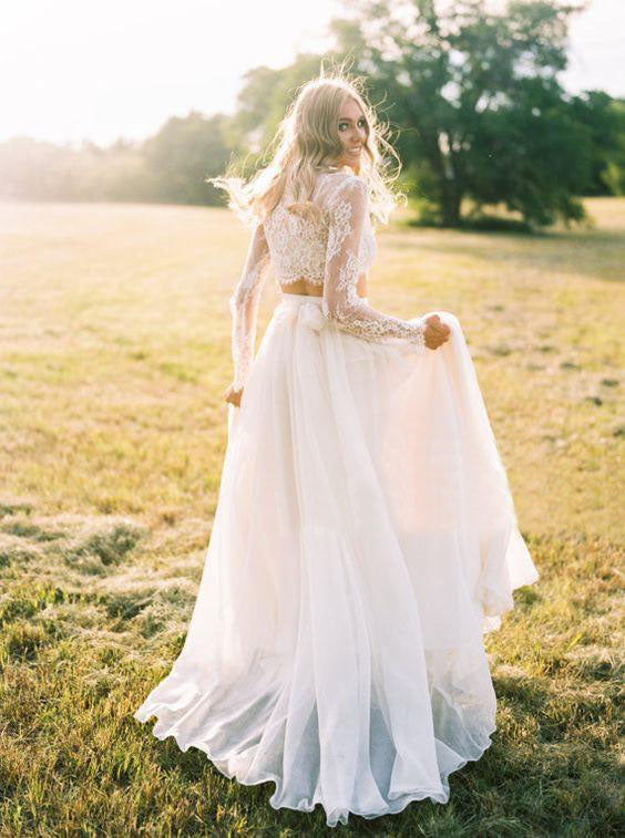 2 Pieces Lace Top Chiffon Skirt Romantic Long Sleeves Wedding Dress OKM82