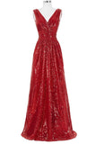 Red Sparkly V-neck Long A-line Backless Cheap Plus Size Prom Dress K742