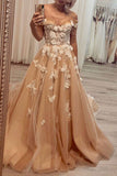 Stylish A Line Tulle 3D Flowers Off the Shoulder Long Prom Dress Evening Dress OK1247