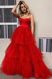 Red Tulle Spaghetti Straps A-Line Long Prom Dress Ruffles Formal Evening Dress OK1229