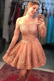 Pink Lace Tulle Short Prom Dress A Line Long Sleeves Off the Shoulder Homecoming Dress OK1470