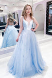 A-Line Tulle Light Blue Long Prom Dress Spaghetti Straps Evening Dress OK1226
