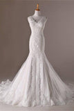 Mermaid V-neck Long Lace Sweep Train Lace Up Modest Wedding Dress W22
