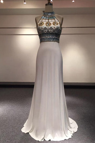 White Halter Beaded Two Pieces Long Mermaid Prom Dress K714